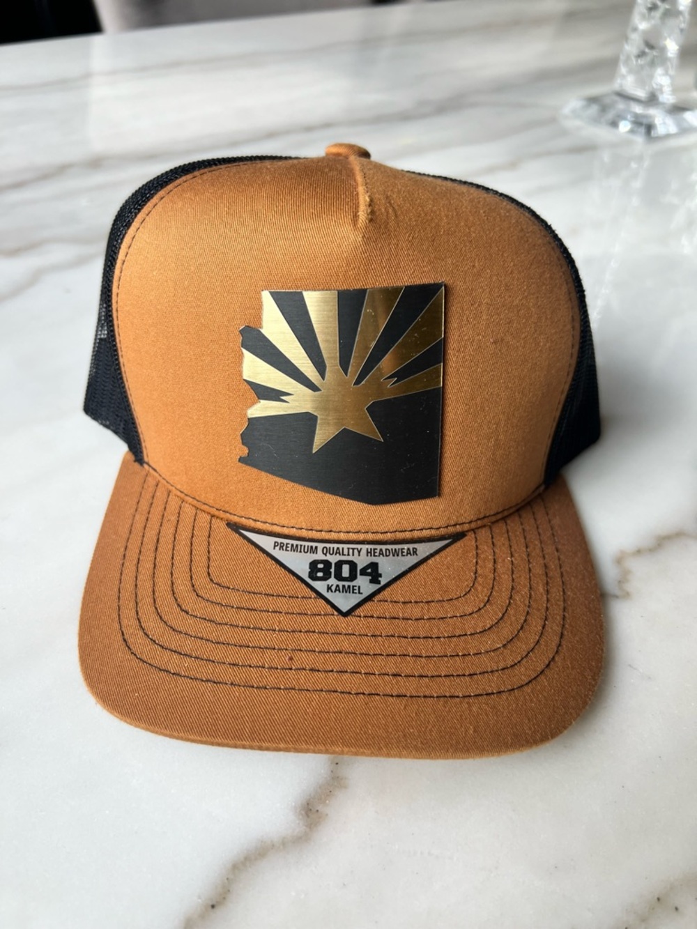 Tan and Black Trucker Hat with Arizona Emblem